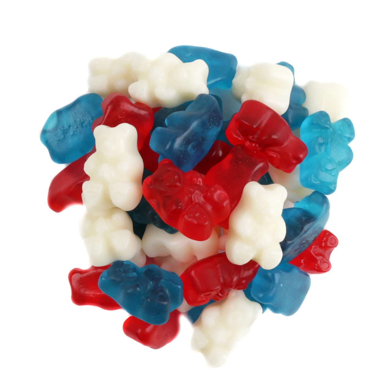Patriotic Gummy Bears, red white blue candy, cherry, strawberry-banana, blue raspberry flavors, Made in USA.