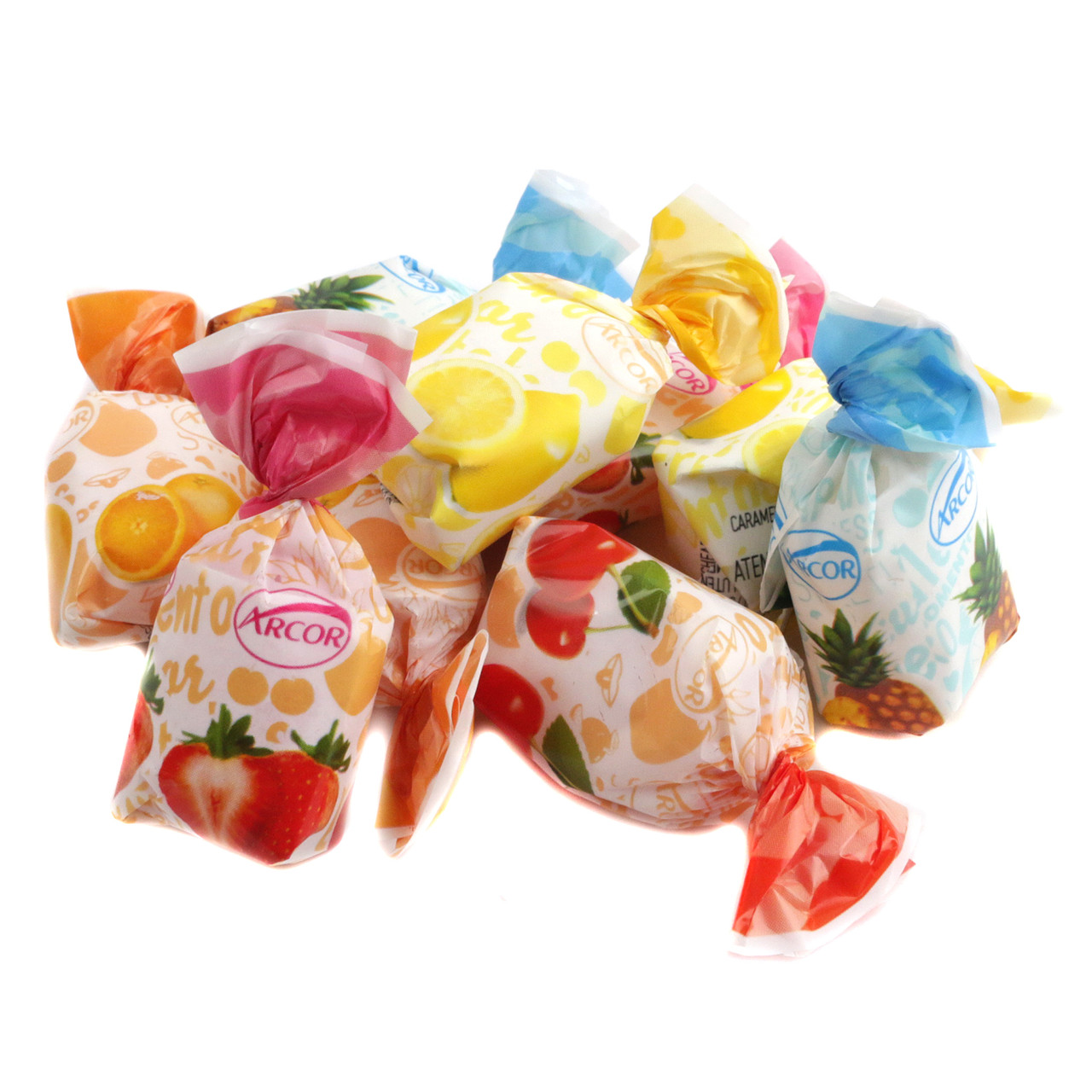 Colorful fruit filled hard candies, individually wrapped, with apple, pineapple, orange, and cherry flavors, approx. 70 per pound.