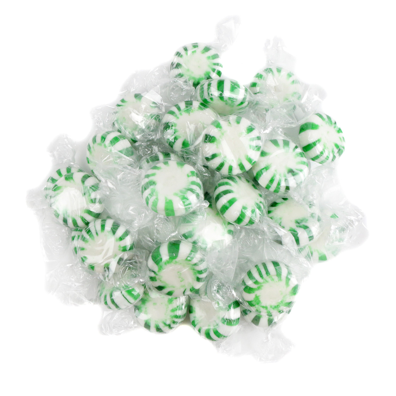 Quality Spearmint Starlight Mints, individually wrapped with bright green stripes, approx 100 count per pound.