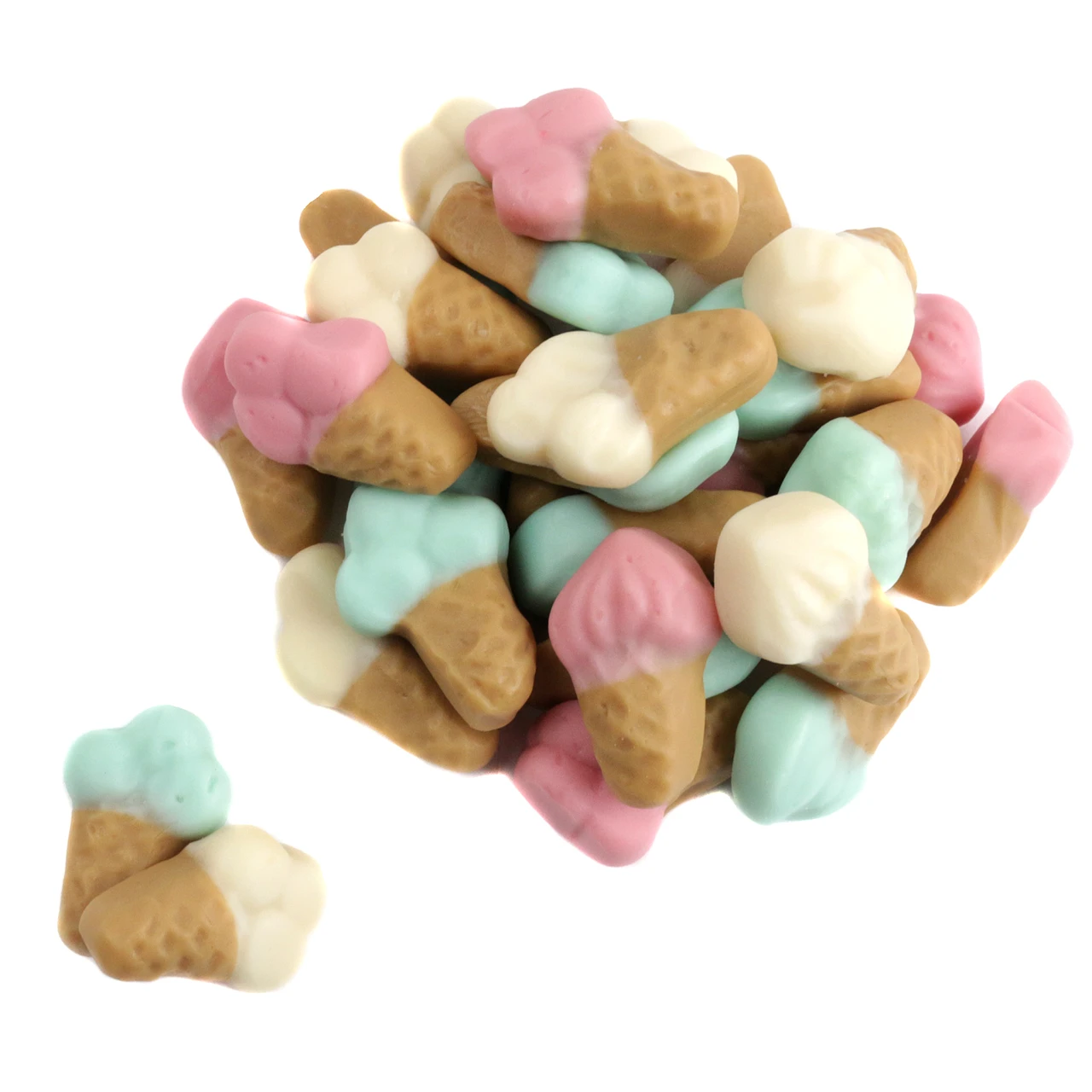 Gummy Ice Cream Cones, 86 pieces per pound. Pink strawberry, white vanilla, green mint soft-serve & three-scoop designs.
