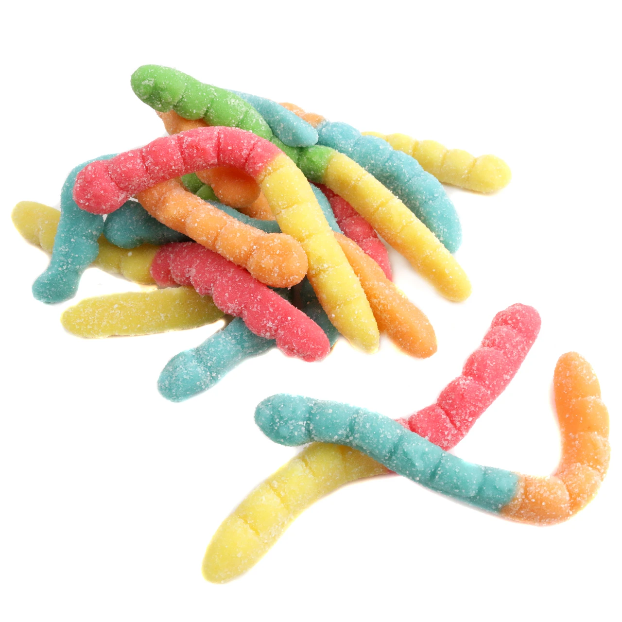 Albanese Neon Sour Gummy Worms, 4-inch, assorted blue, lemon, orange, cherry, green apple colors, sour coated, textured.