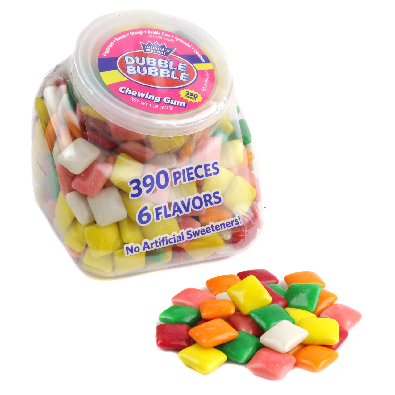 Dubble Bubble Office Pleasures chewing gum, 1lb, 390 assorted colorful pieces: pink, yellow, orange, green, white.