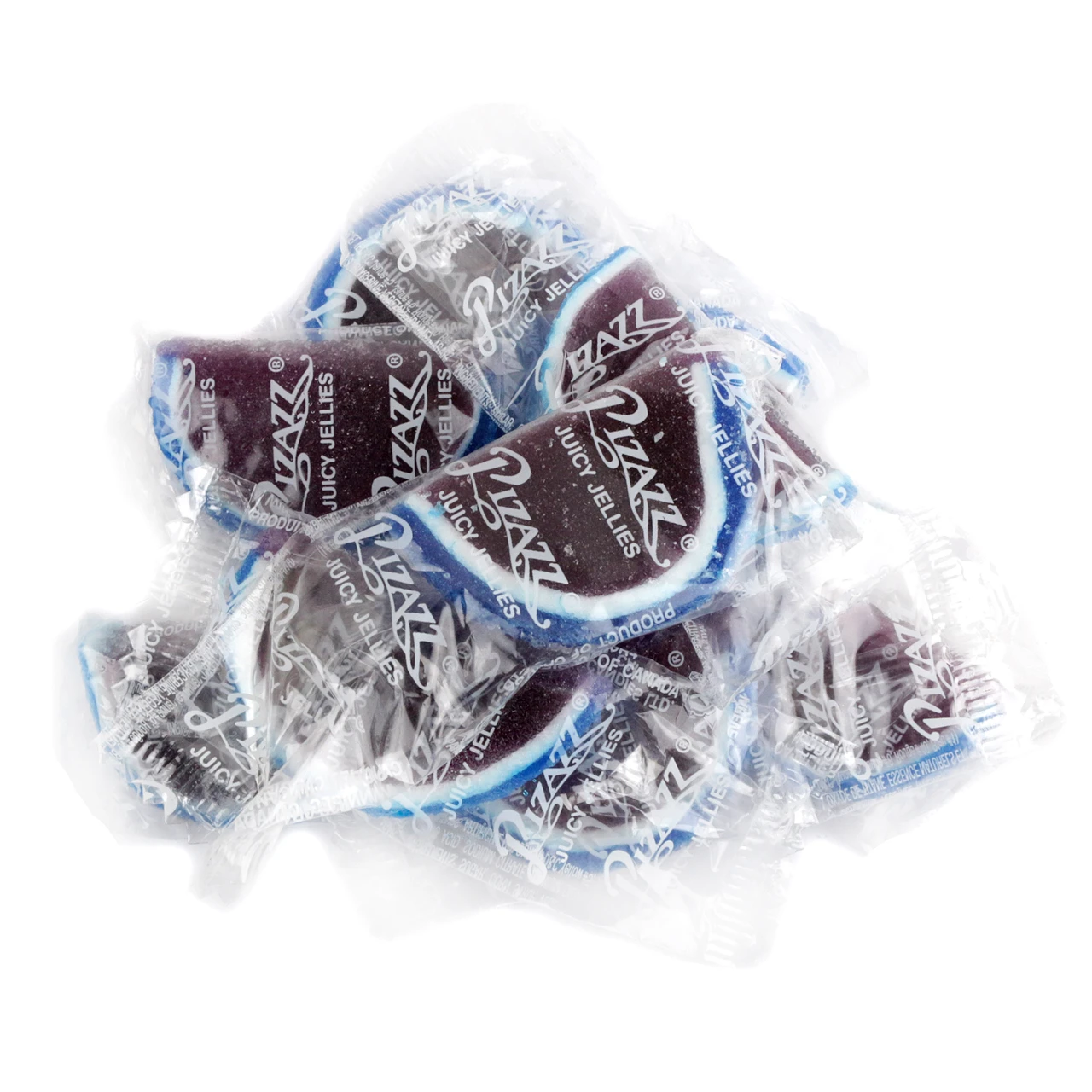 Individually wrapped bright blue blueberry jelly fruit slices, soft, sweet, chewy candy, approx 32 per pound.