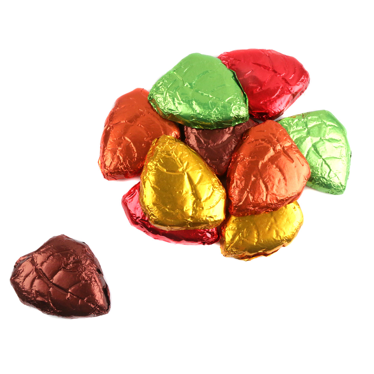 Milk Chocolate Foil Wrapped Fall Leaves, gold, red, purple, green foil, approx 50 pieces per pound.