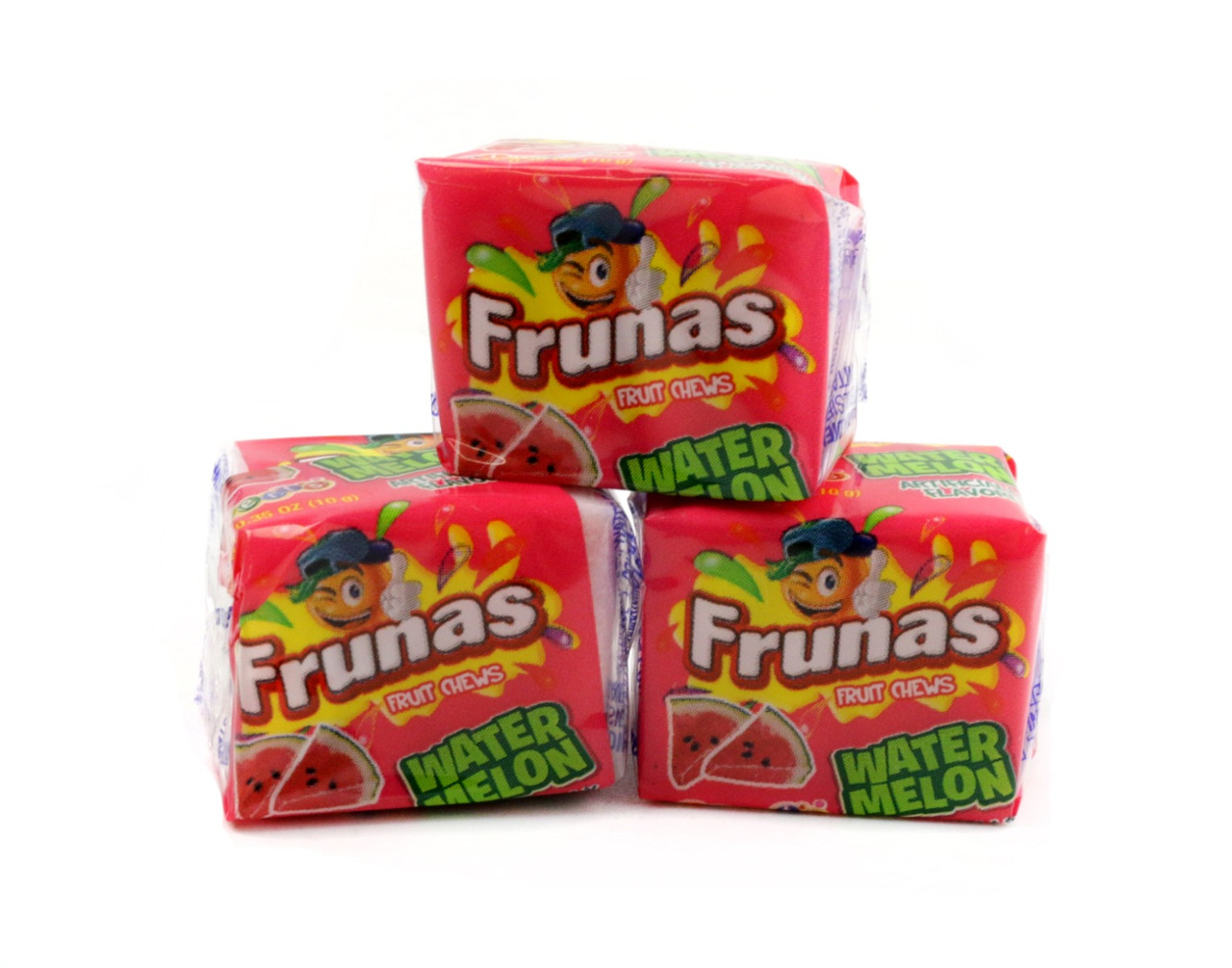 Alberts Chewy Watermelon Frunas candy, green and pink, 4 pieces per small pack, approx. 45 per pound.