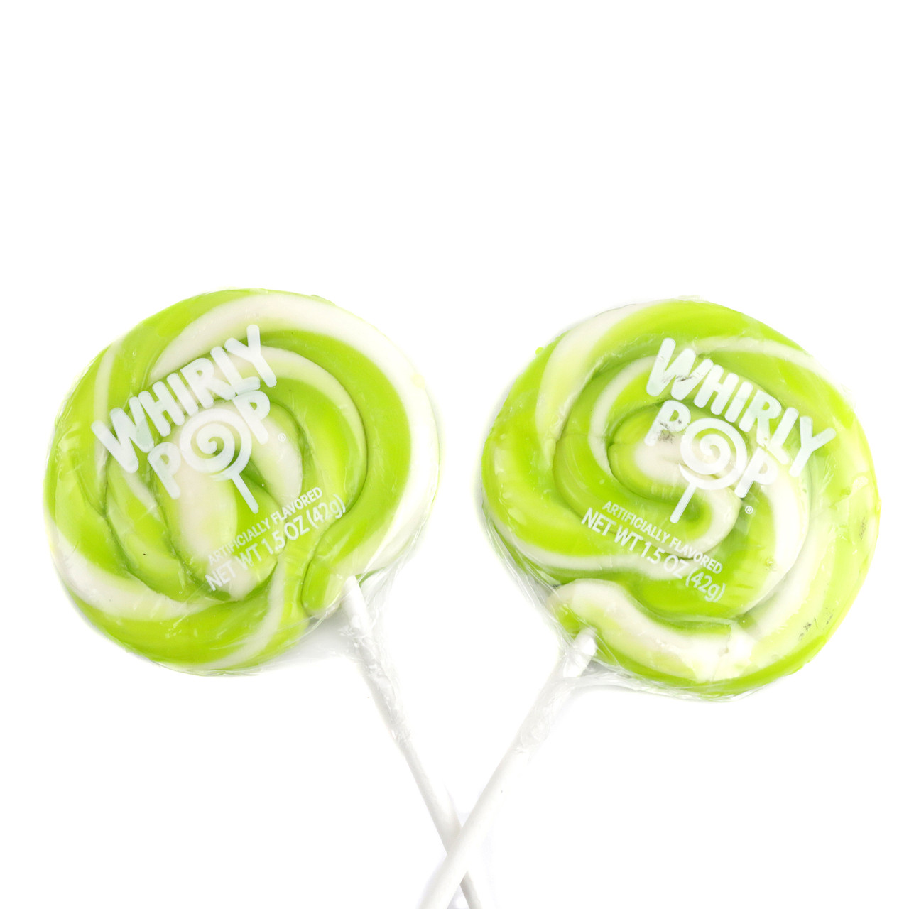 12 Whirly Pop lollipops with vibrant lime green and white swirls, 1.5 oz.