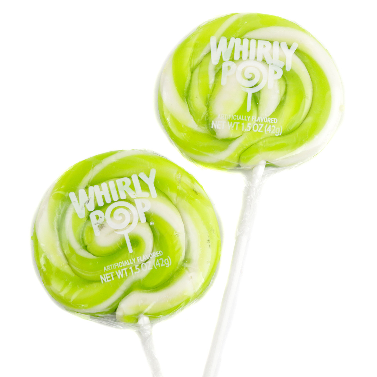 12 Whirly Pop lime green & white swirl lollipops, 1.5 oz each.