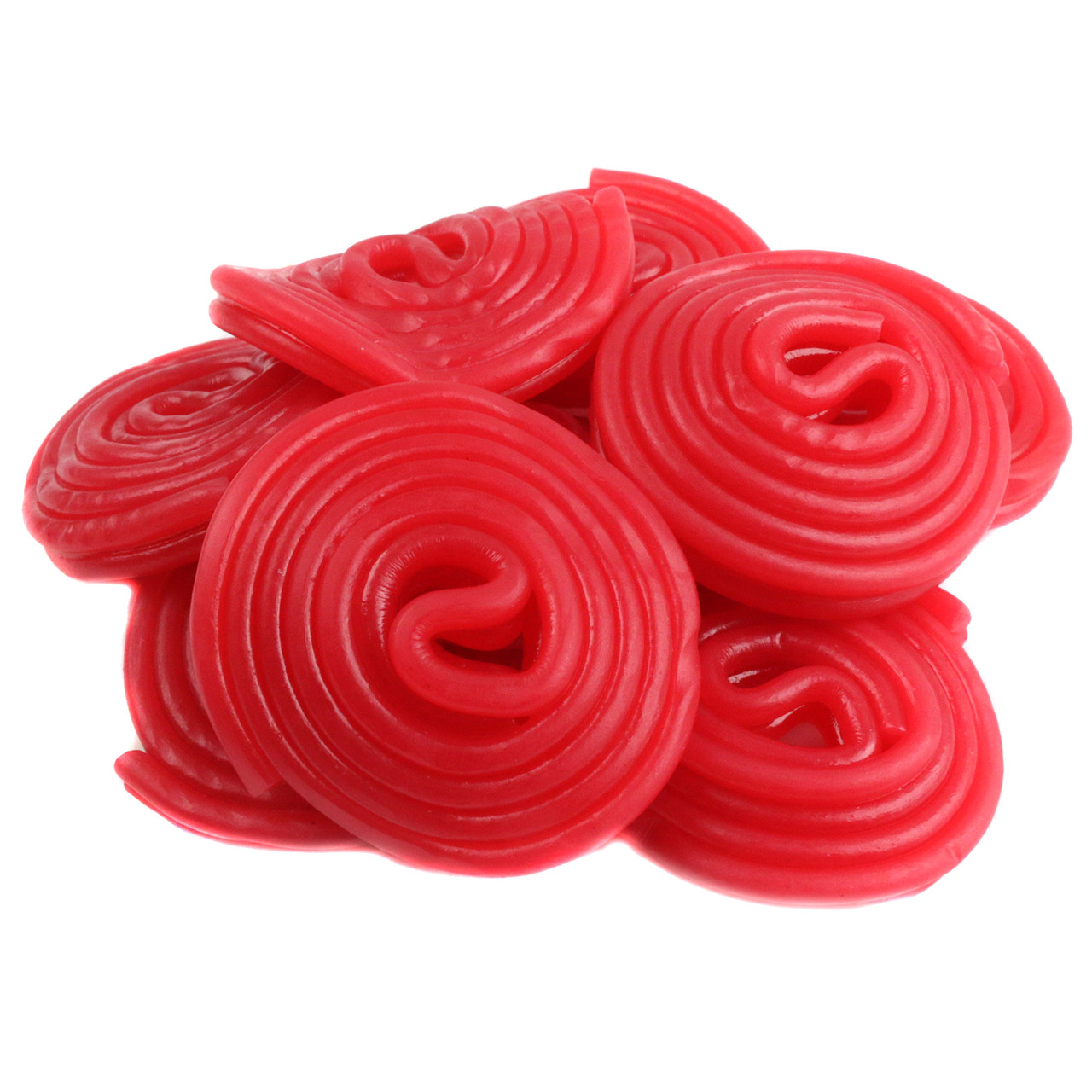 Red strawberry licorice wheels, Gerrit Verburg, 4.4lb bag, approx. 200 1.5-inch diameter classic rolled laces.