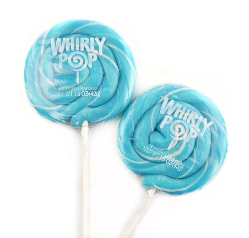 12 light blue & white swirl Whirly Pop lollipops, 1.5 oz, 3-inch diameter, individually wrapped, gluten-free candy.