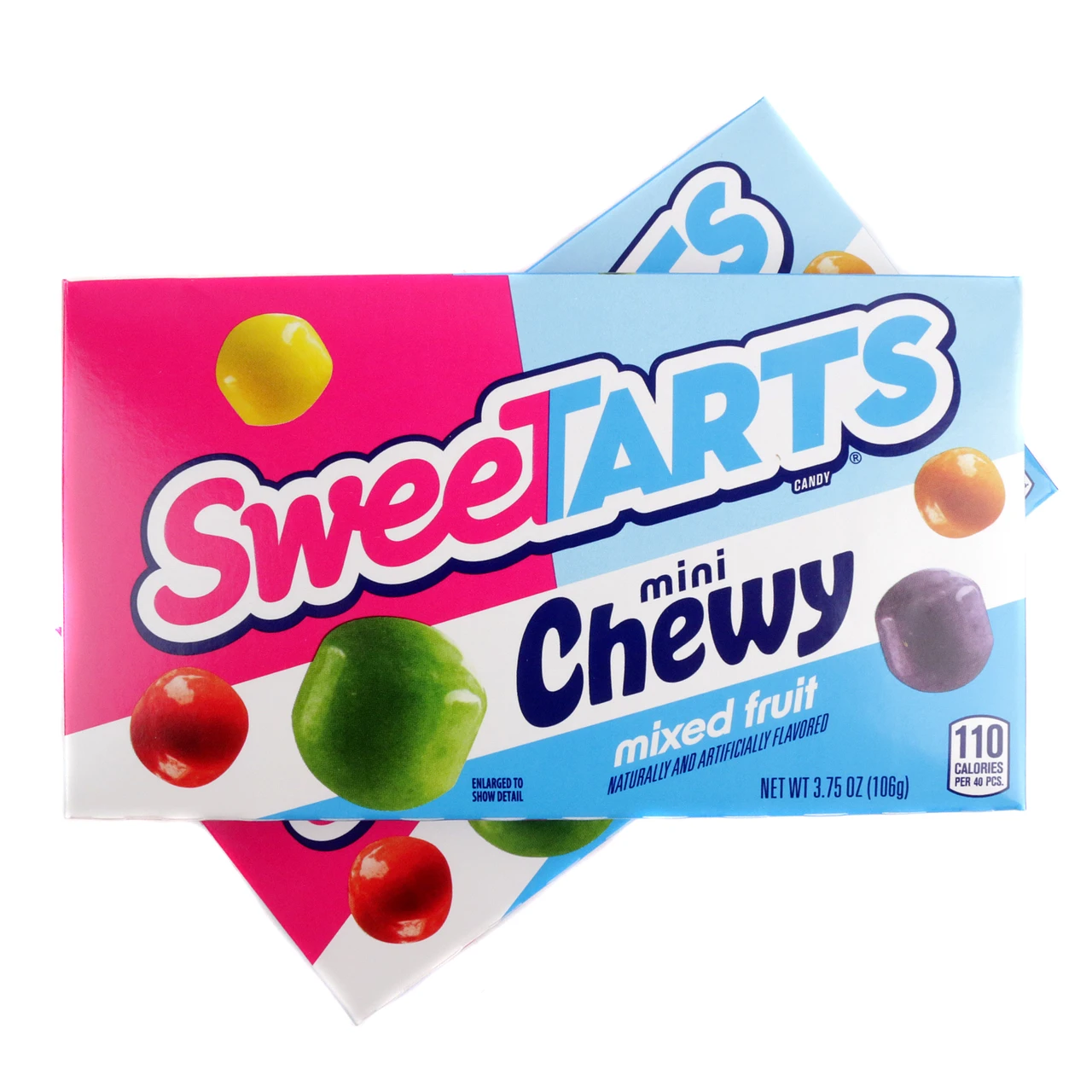 A 3.75-ounce SweeTarts Mini Chewy Theater Box featuring colorful bite-sized candies on a blue and magenta packaging design