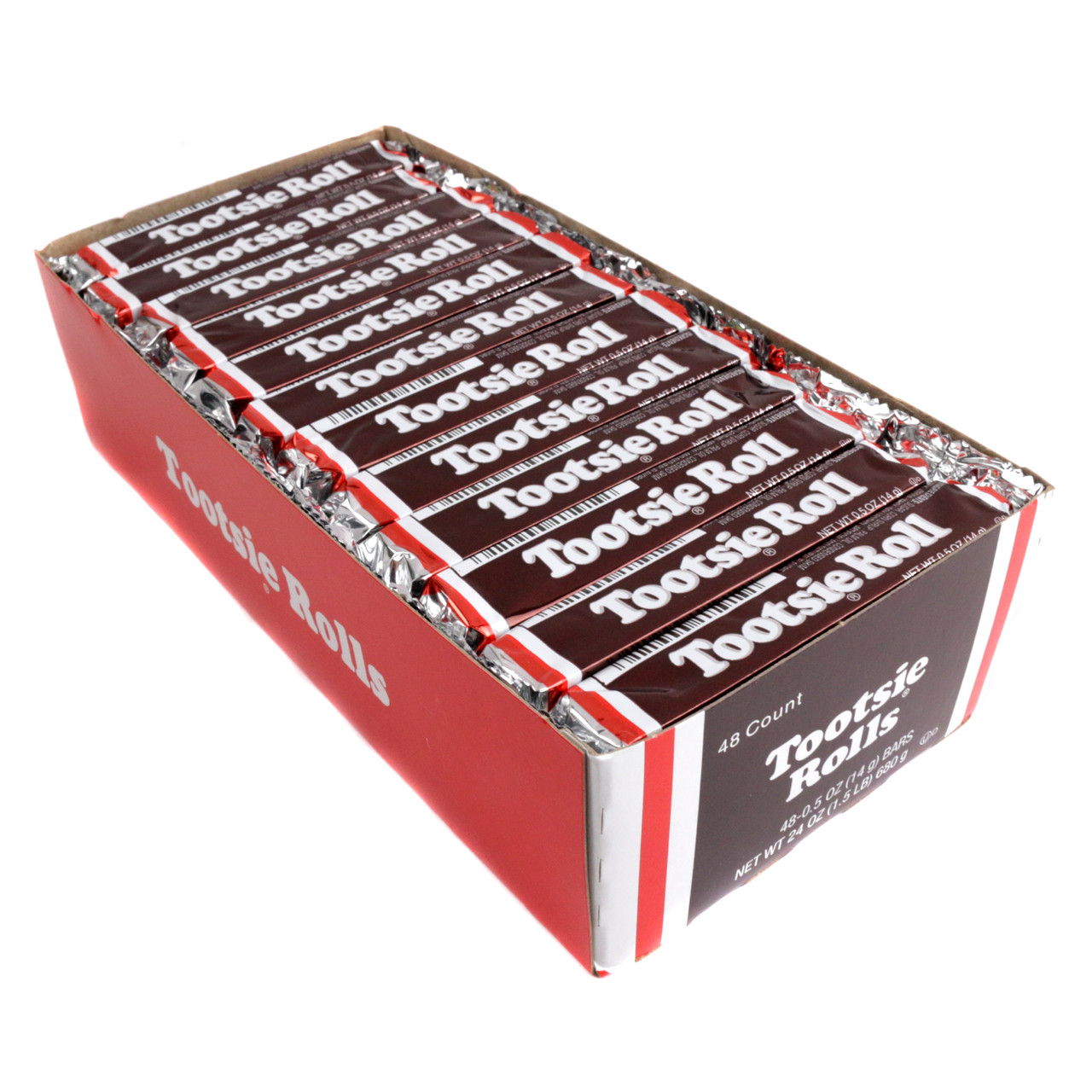 48 Tootsie Roll chewy chocolate candy bars, 0.5oz each, classic retro bulk box.