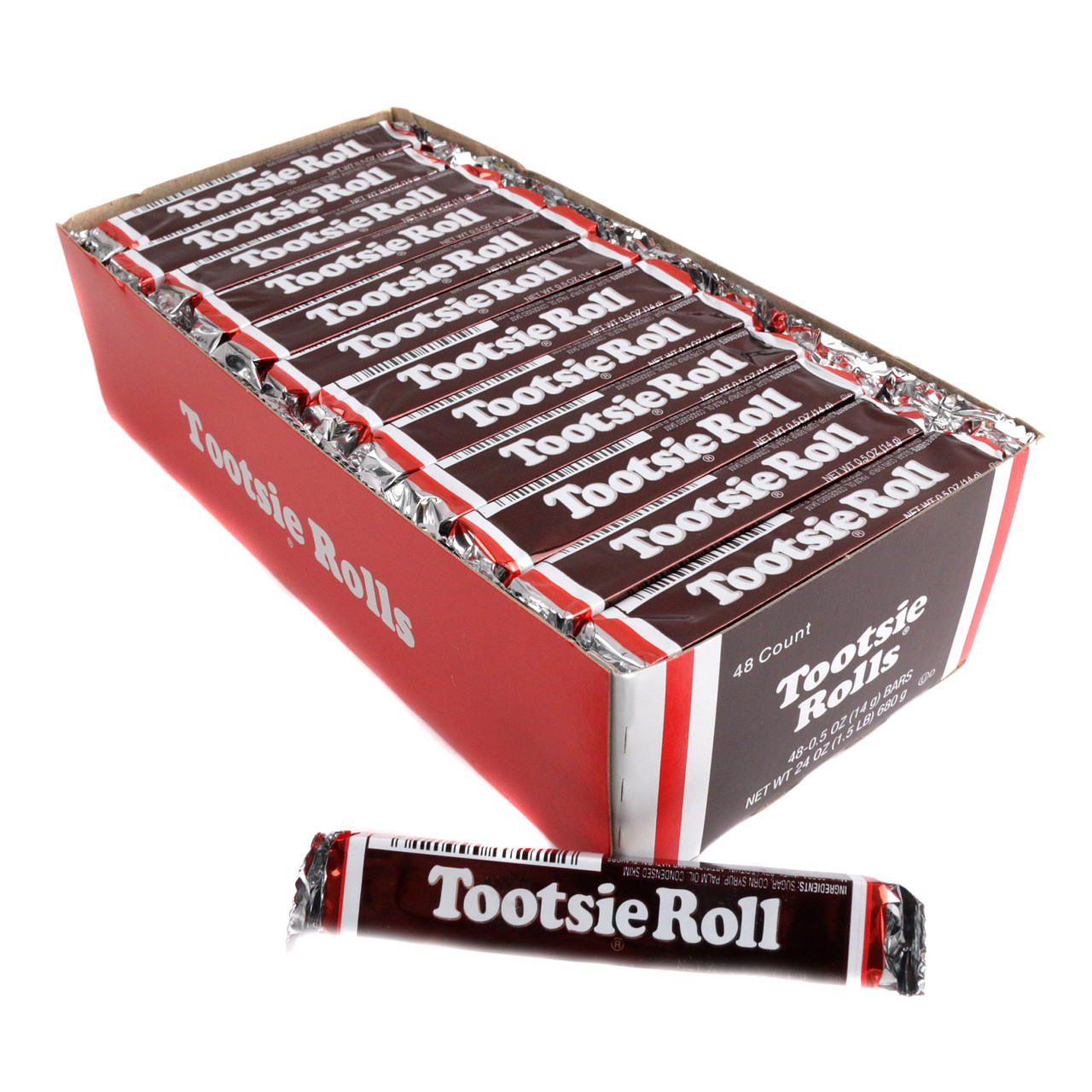 48 classic dark brown Tootsie Roll candy bars, 0.5oz each, retro bulk box