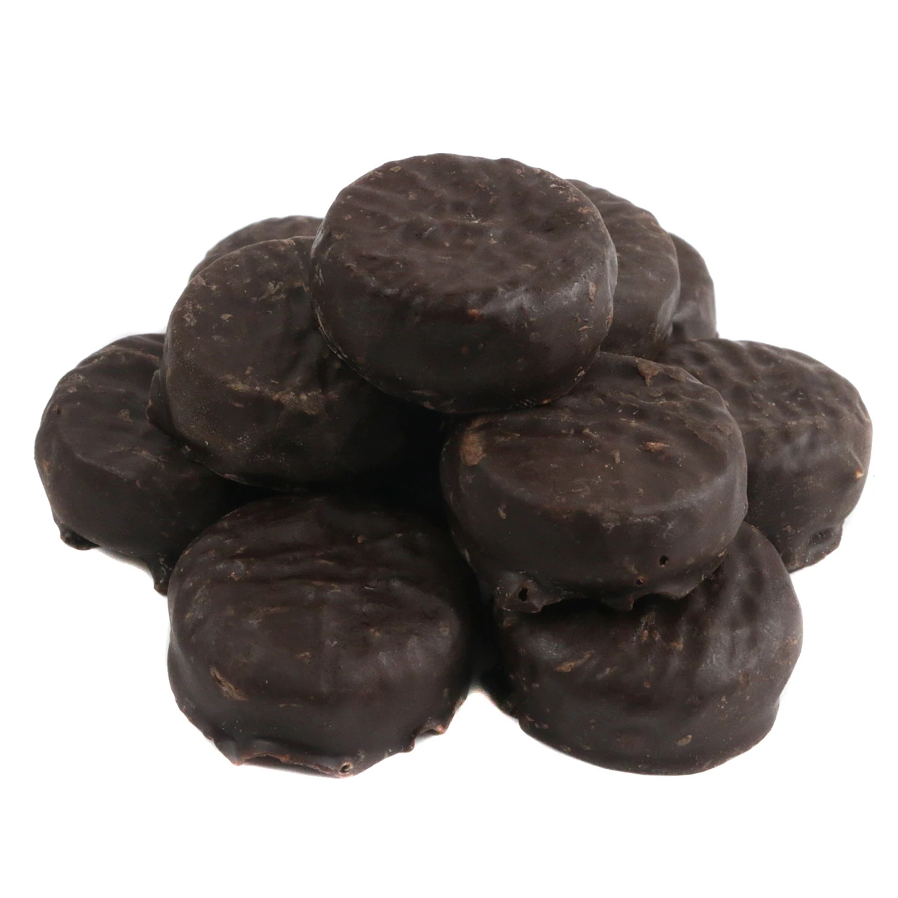 Brown unwrapped mini peppermint patties, 95 per pound, smooth chocolate exterior, cool mint filling.