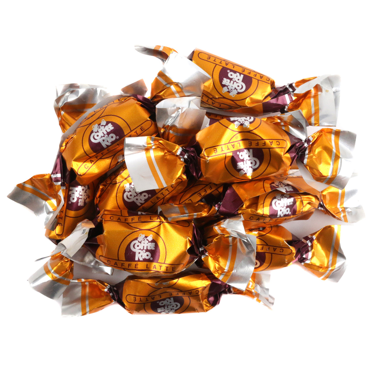 Light brown Coffee Rio Caffe Latte hard candies, real coffee flavor. A pile of approximately 87 individual candies.