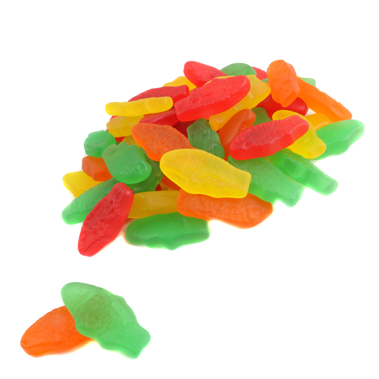 Assorted Mini Swedish Fish, colorful red, orange, lemon, lime chewy fish candies, approximately 170 pieces per pound.