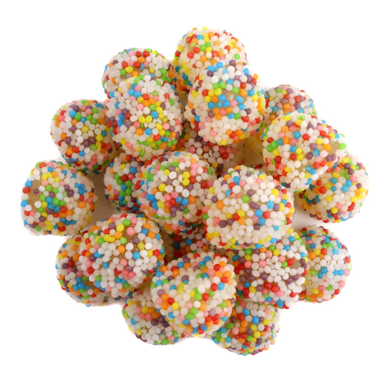 Rainbow nonpareil gummy berries, fruit-flavored, approximately 100 per pound.