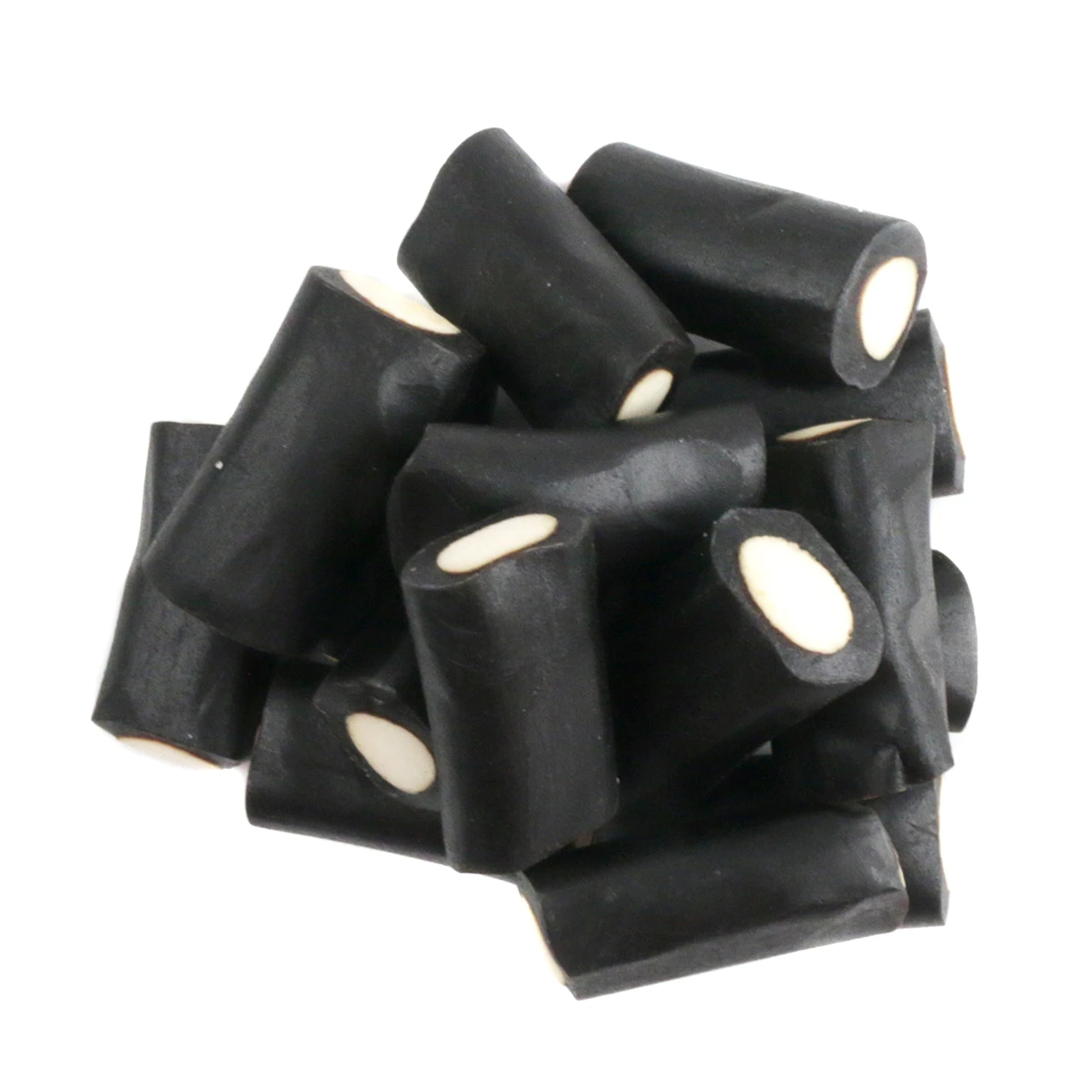 Black Licorice Rockies, soft black licorice candy with a sweet white cream center, 2.2LB bag, approx 220 pieces.