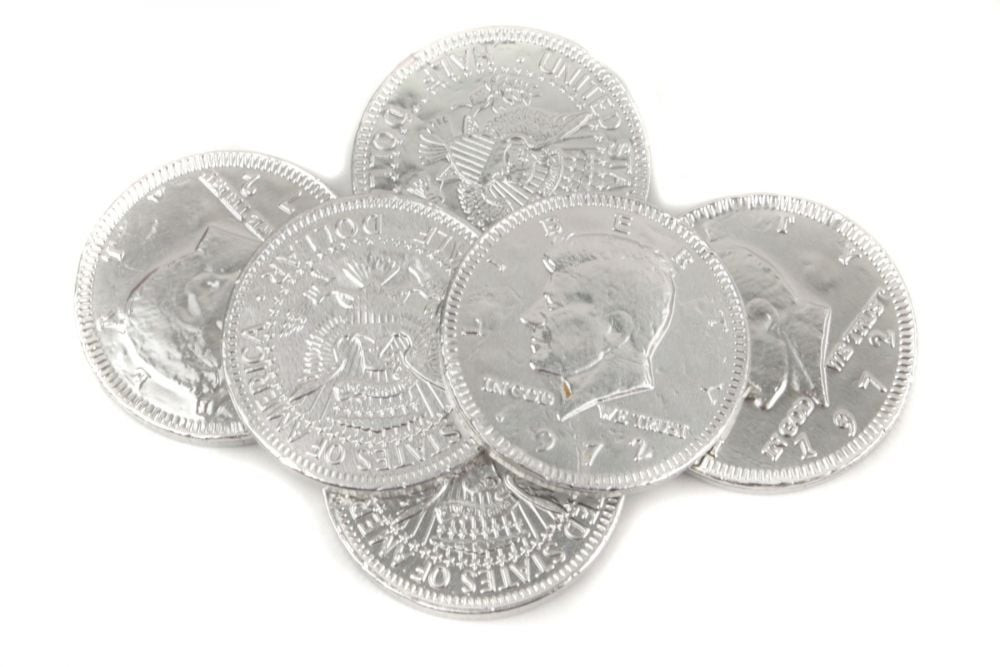 Silver Chocolate Coins, 1.5-inch milk chocolate, elegant silver foil, US half dollar design, approximately 80 per pound.