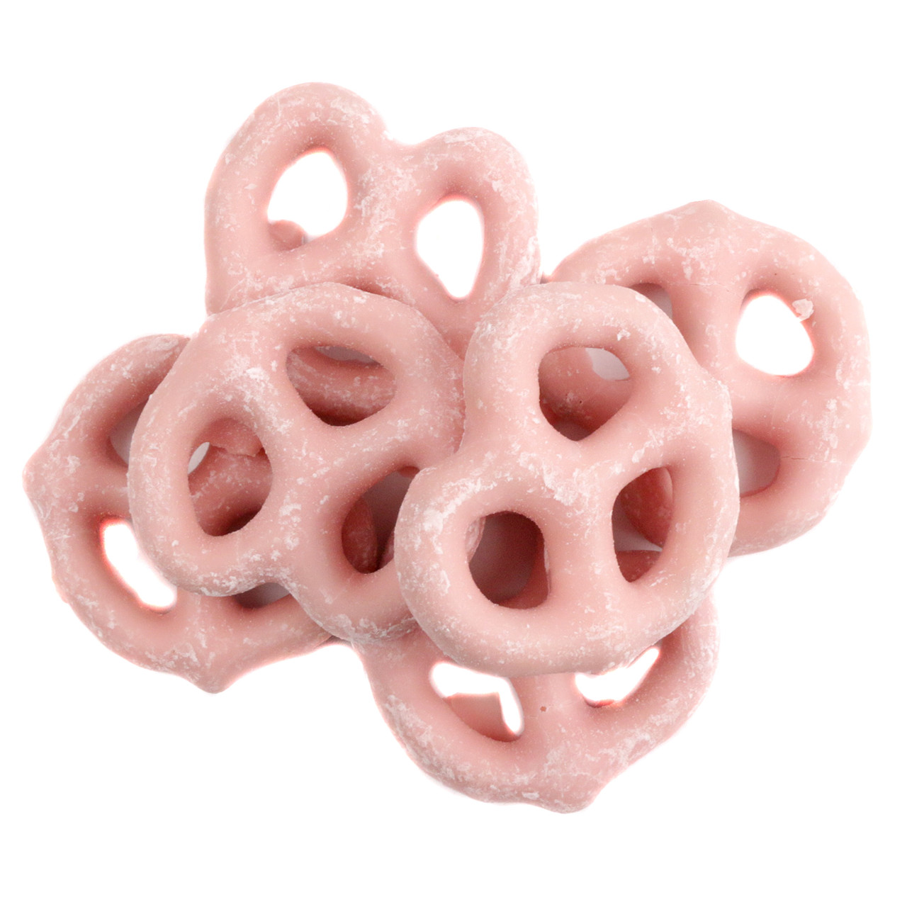 Mini strawberry yogurt covered pretzels, pink color, sweet & salty, approx 90 per pound.
