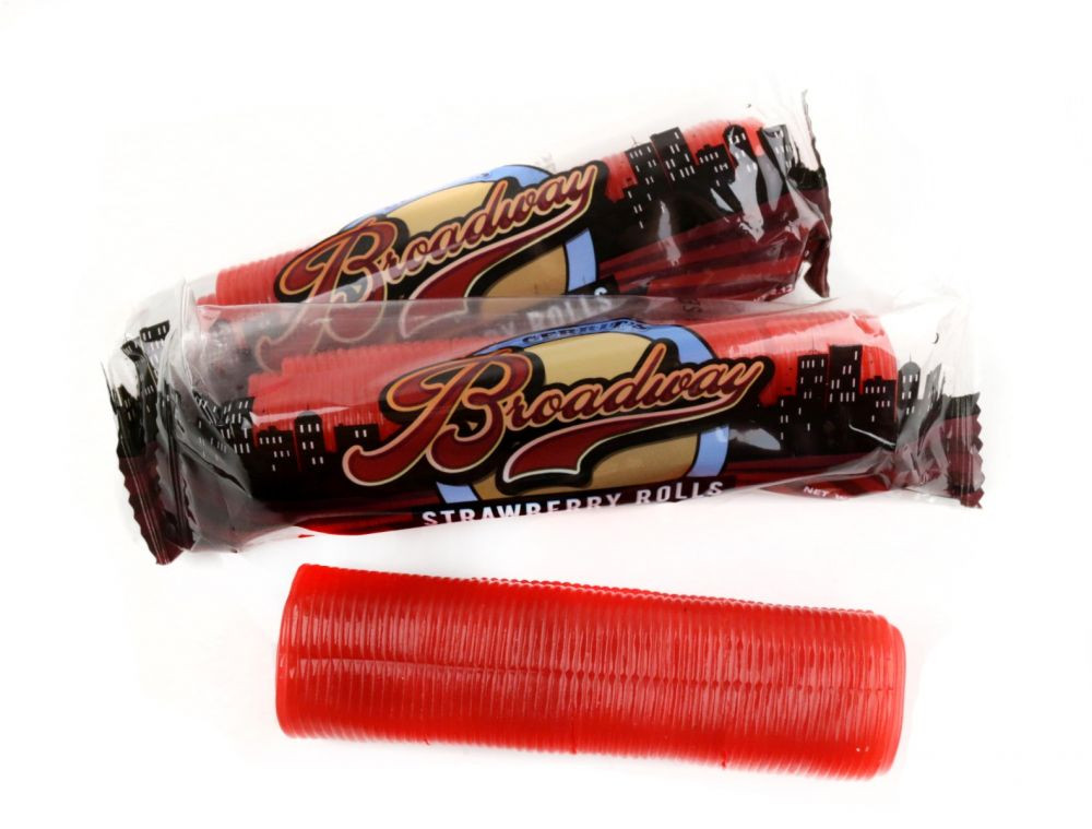 24 Broadway Strawberry Licorice Rolls, individually wrapped, red, chewy strawberry candy.
