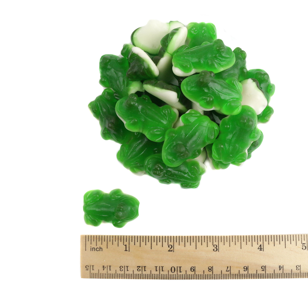 Vidal Gummy Green Frogs, fruit flavored green & white candy, approx. 73 per pound. St. Patrick's Day.