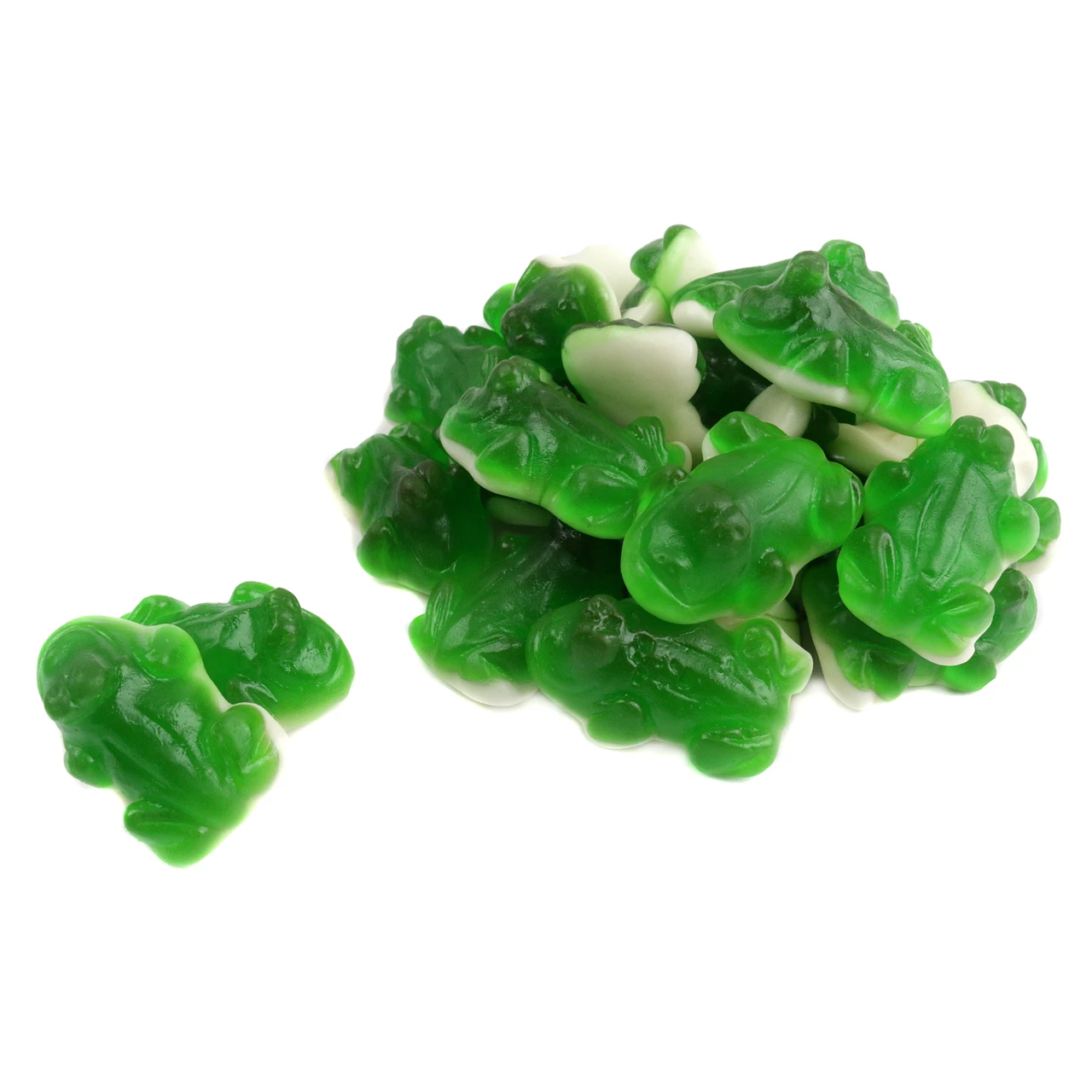 Vidal Gummy Green Frogs, fruit flavored green candy with white bellies. Approx. 73 per pound.