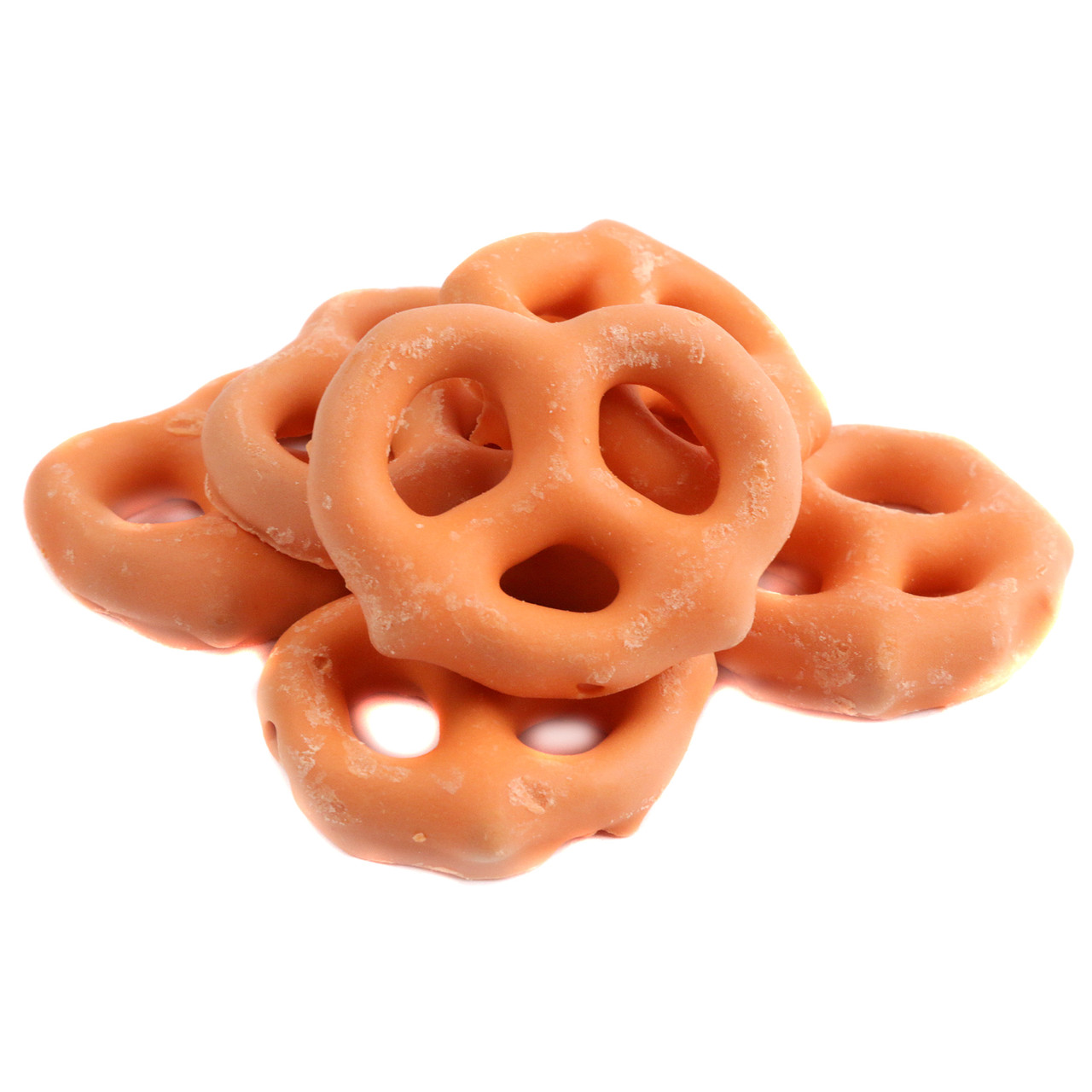 Creamy orange pumpkin spice yogurt pretzels, crispy, approx. 90 per pound, festive fall snack.