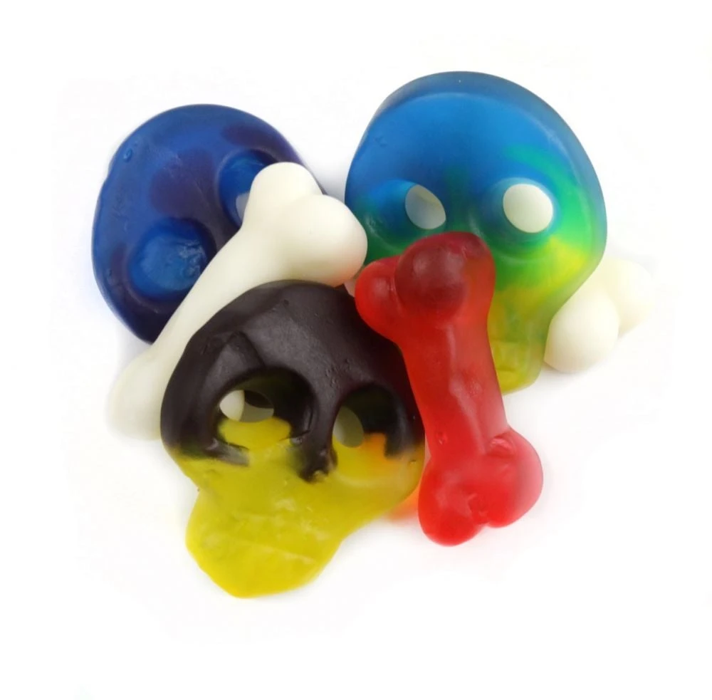 Assorted color gummy skulls and bones, 2-inch pieces, approximately 69 per pound. Perfect for Halloween & pirate parties.