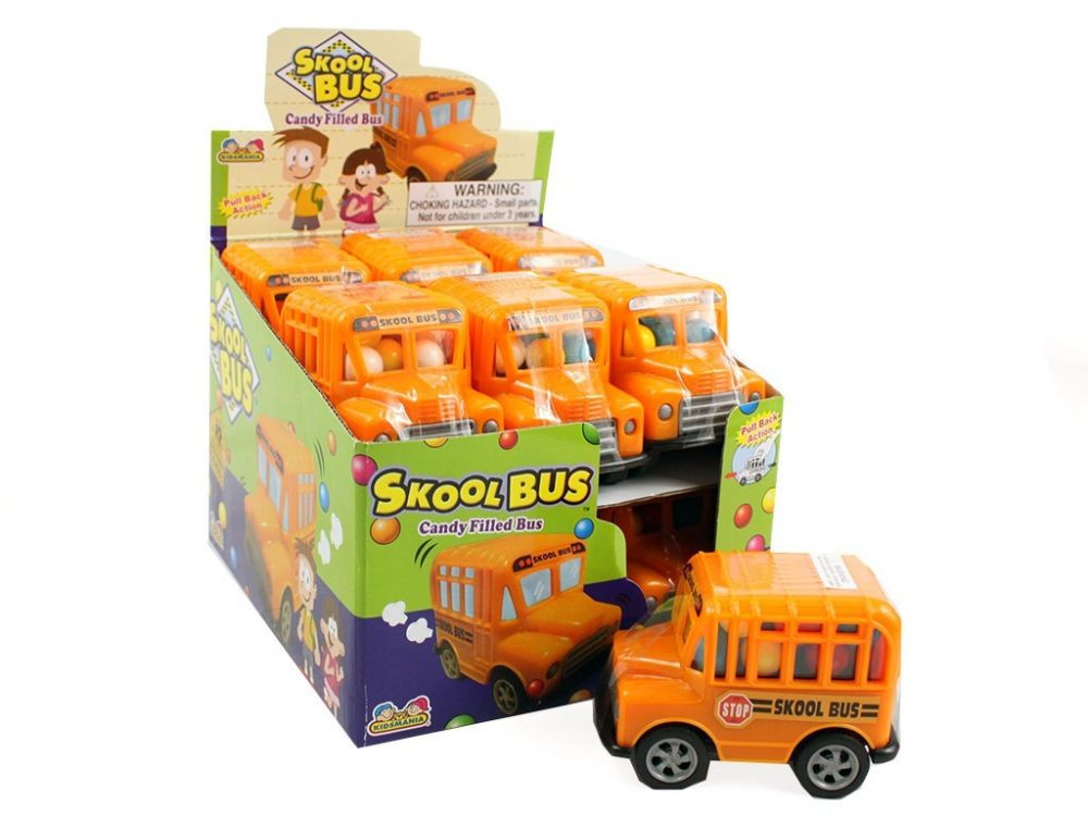 12 yellow Kidsmania Candy School Buses, toy vehicles filled with sweet candies, perfect back to school novelty.