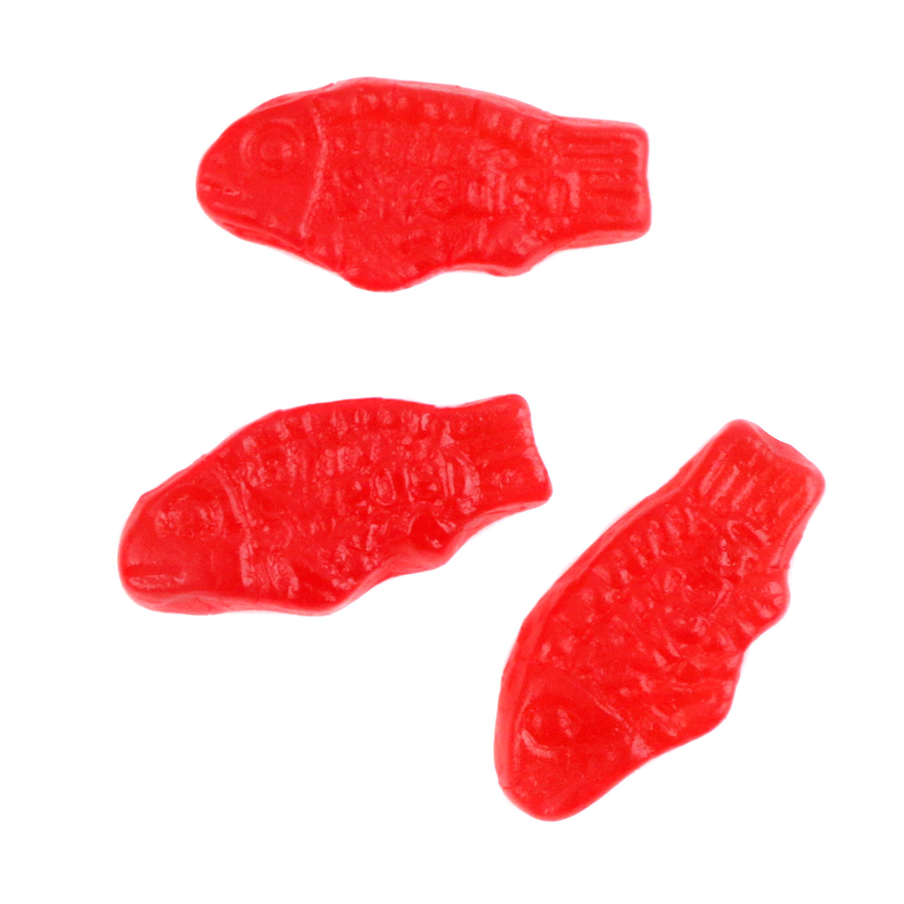 Mini Red Swedish Fish, chewy red cherry gummy candy, approx. 170 pieces per pound.
