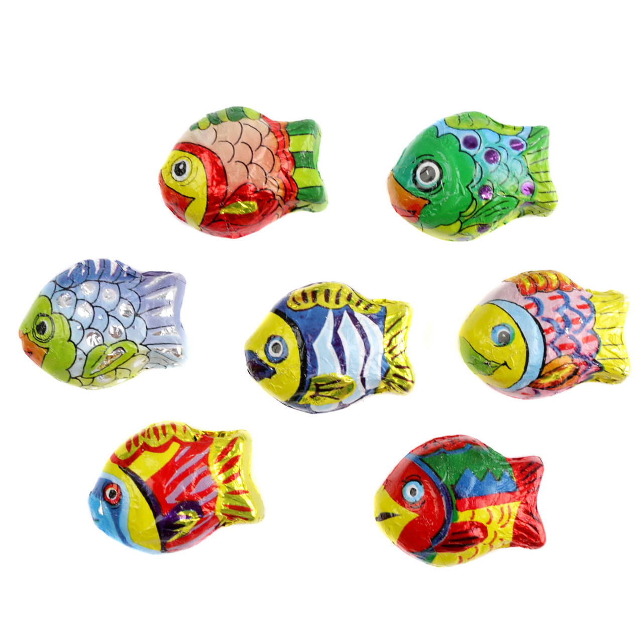 Miniature solid milk chocolate fish, individually wrapped in colorful tropical fish foils, real gills, scales, fins, approx 55 per pound.