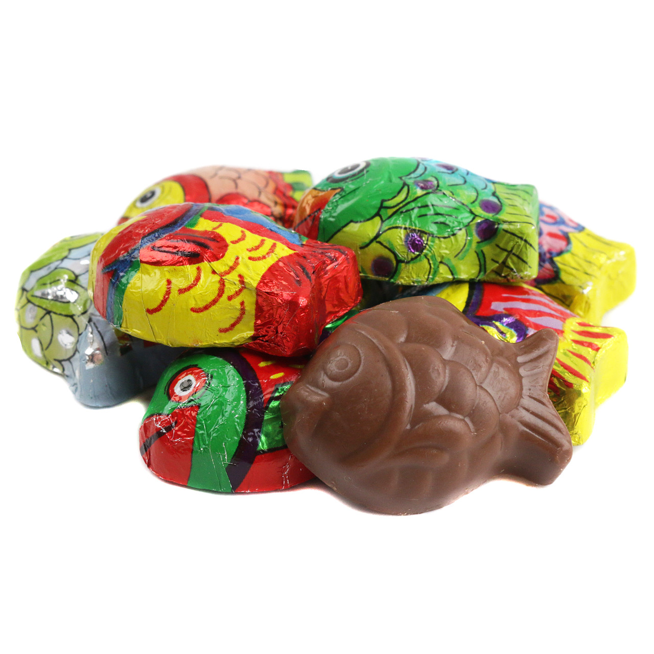 Miniature milk chocolate fish, 55 per pound, wrapped in colorful tropical fish design foils.