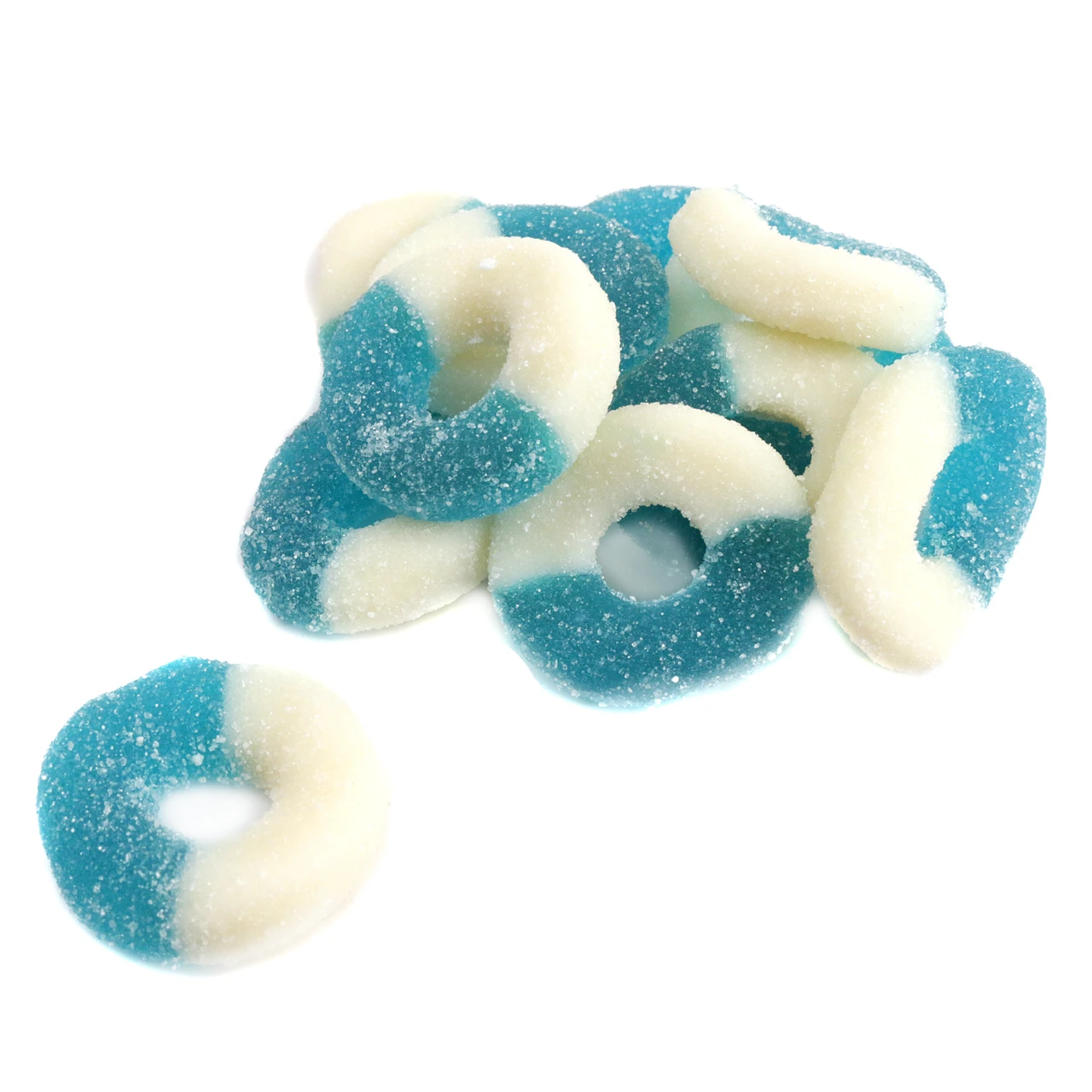 Blue Raspberry Gummy Rings, blue & cream, finely sanded, sweet, tangy, approx 65 per pound, Made in USA.