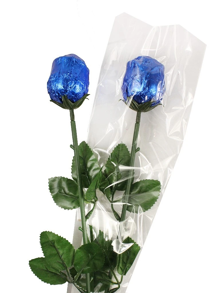 Blue Chocolate Roses, 10 individually wrapped long-stemmed Belgium milk chocolates with royal blue foil.