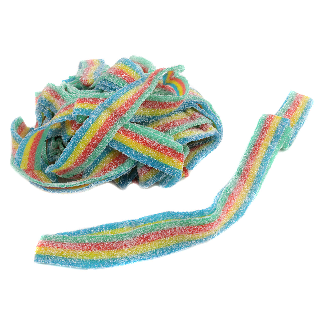 Rainbow sour belts, 9-inch long multi-color Quattro candy. Blue raspberry, tutti frutti, strawberry, green apple flavors.