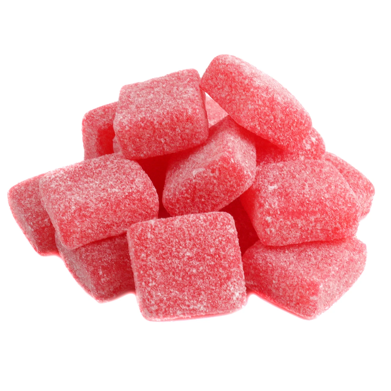 Red, sugar-coated, square cinnamon gummies, approx 65 per pound. Soft, spicy, chewy candy.