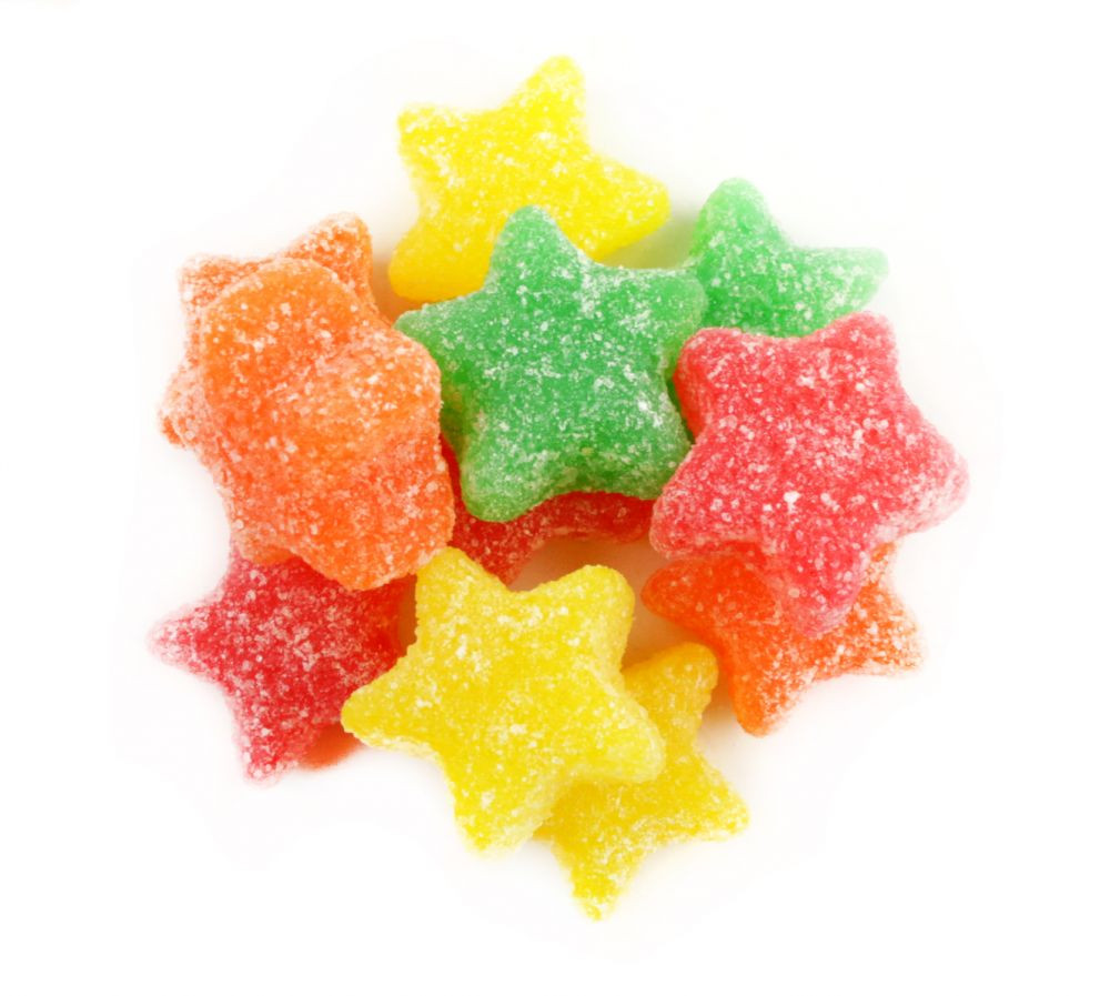Bright, rainbow sour jelly stars, star-shaped and chewy, coated with sparkling sugar. Approx 75 pieces per pound.