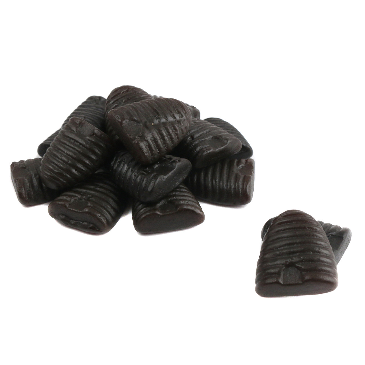 Black Beehive Honey Licorice, Dutch, with real honey & salt. Beehive shape, 1 inch, 100 pieces per pound.
