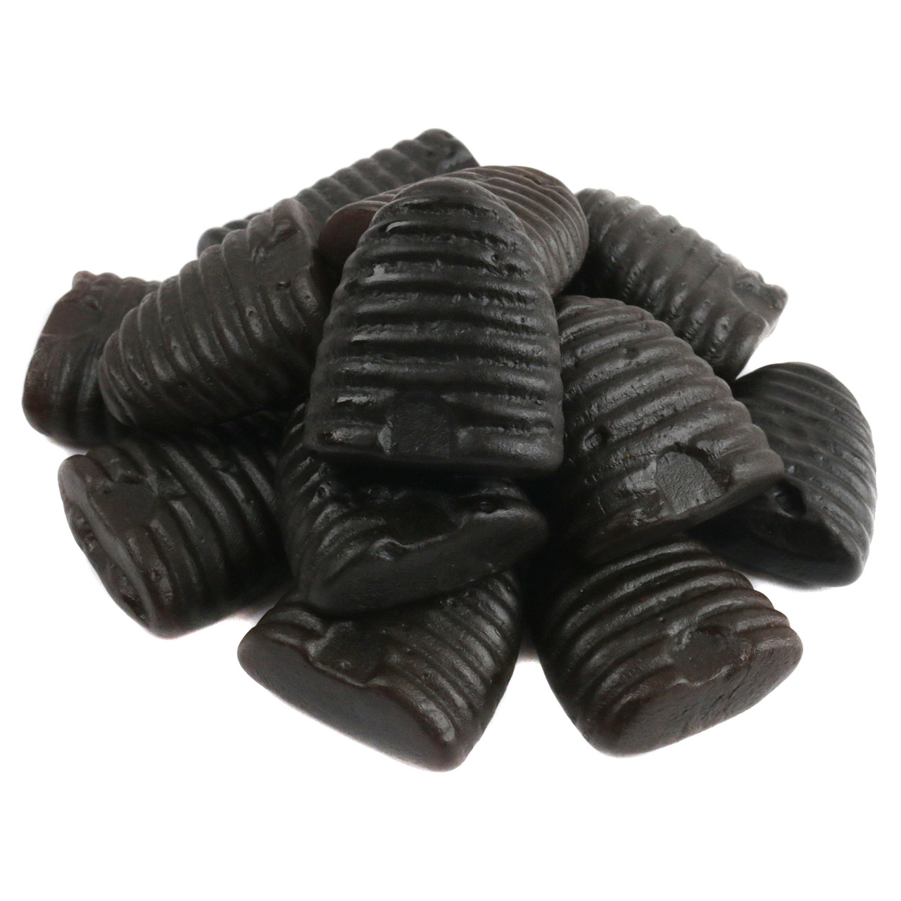 Black, beehive-shaped Dutch honey licorice candy, 1-inch pieces, approx 100 per pound.