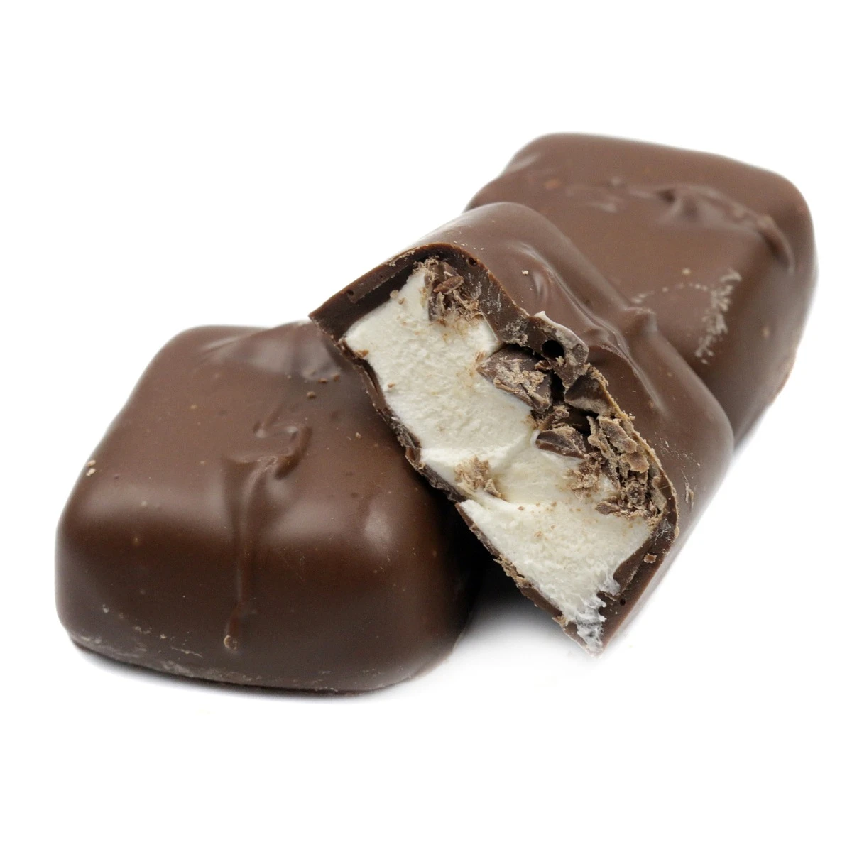 Jumbo Ashers Milk Chocolate Covered Marshmallows, rich brown chocolate, soft white marshmallow, Made in USA.