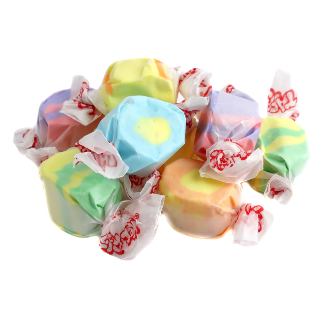 Taffy Town assorted tropical salt water taffy, ~65 pieces/lb. Mango, Passion Fruit, Tropical Punch, Pineapple flavors.