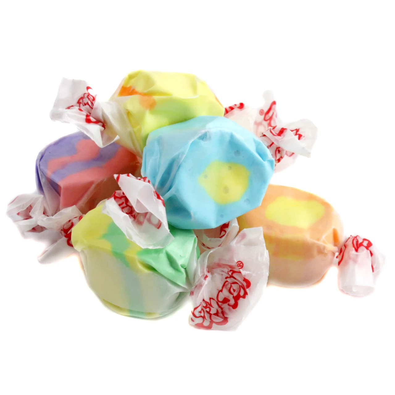 Vibrant Taffy Town tropical assorted salt water taffy. Mango, passion fruit, pineapple, about 65 pieces per pound.