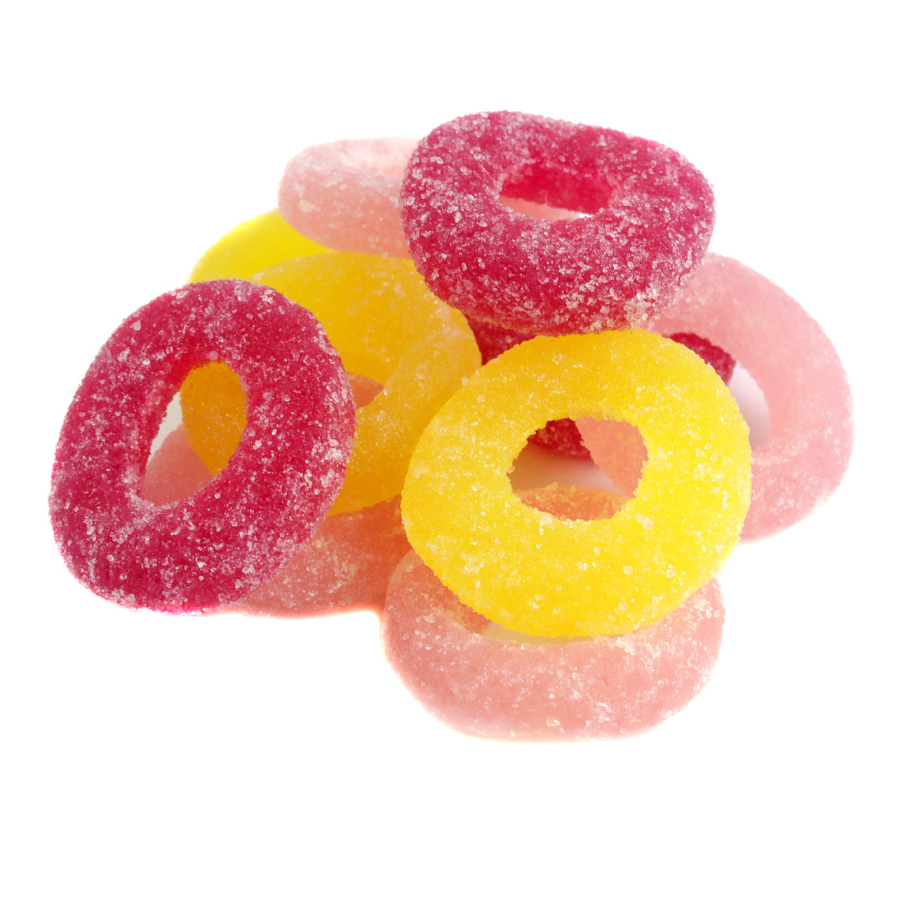 Non-GMO yellow, pink, red lemonade gummy rings, approx 65 per pound. Classic, strawberry, and pomegranate flavors.