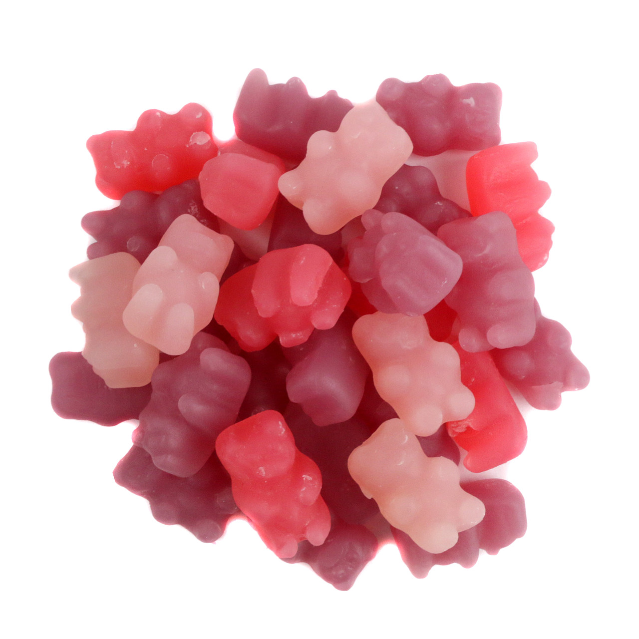 Non-GMO gummy bears, 100 per pound. Vibrant purple, red, pink, green grape, cherry, watermelon bears.