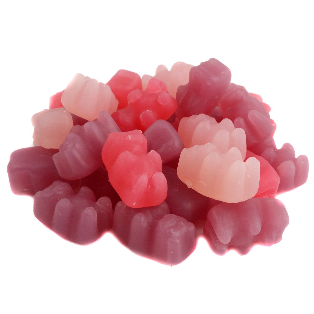 Bulk Non-GMO gummy bears, 100 per pound. Naturally colored purple, red, green grape, cherry, watermelon flavors.