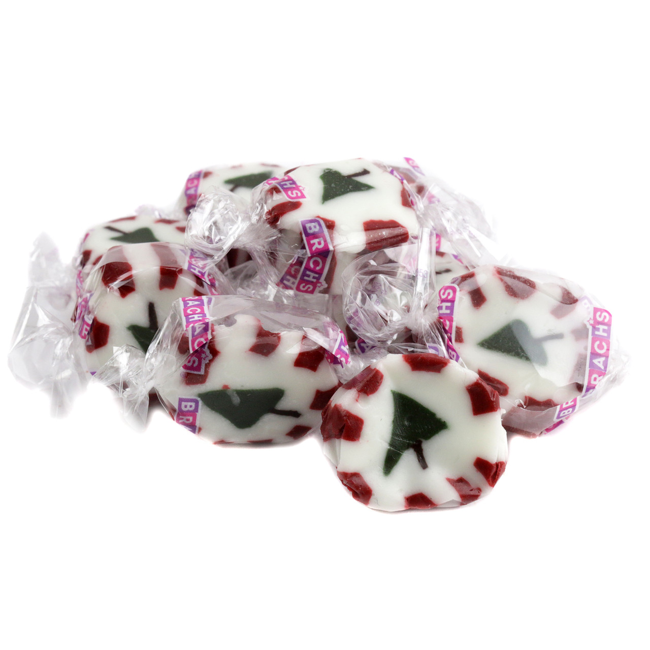 Brach's Peppermint Christmas Nougats, soft creamy red, white, green nougat candy, approx 87 pieces per pound, holiday treat.