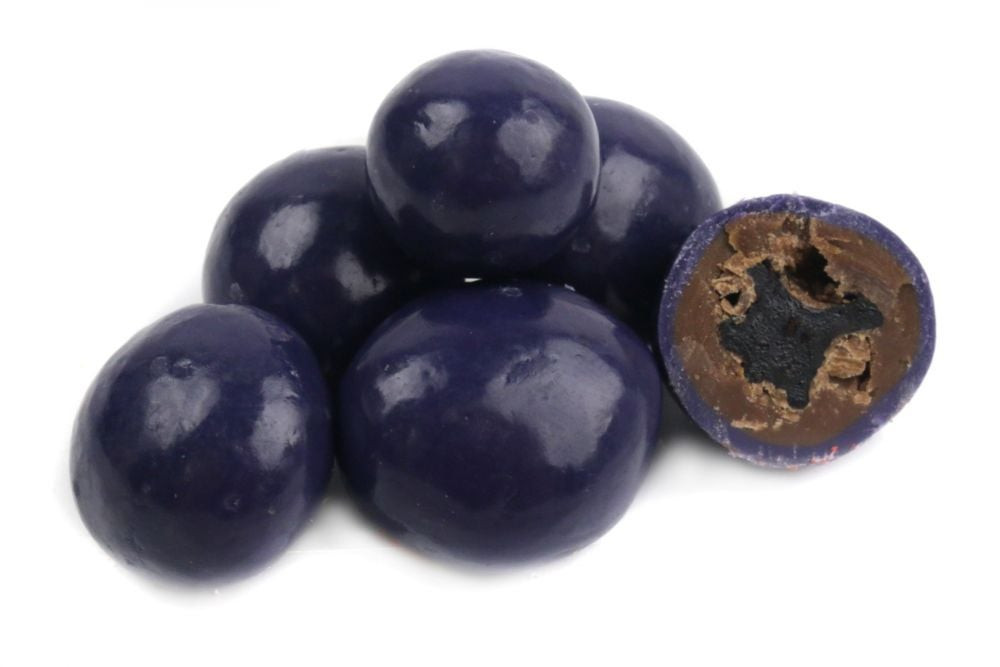 Blueberry white chocolate, milk chocolate covered dried blueberries. Approx. 150 per pound.