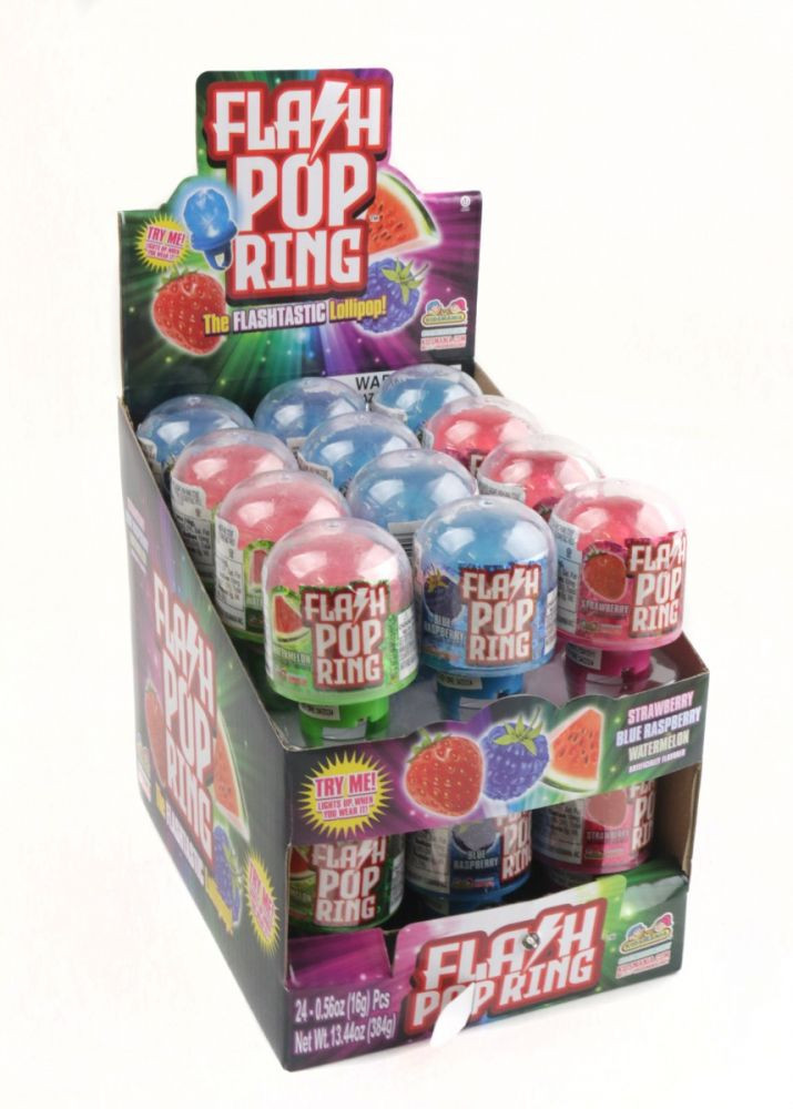 24 individually wrapped light-up Flash Pop Ring Candies, blue, red, green, blue raspberry, strawberry, watermelon.