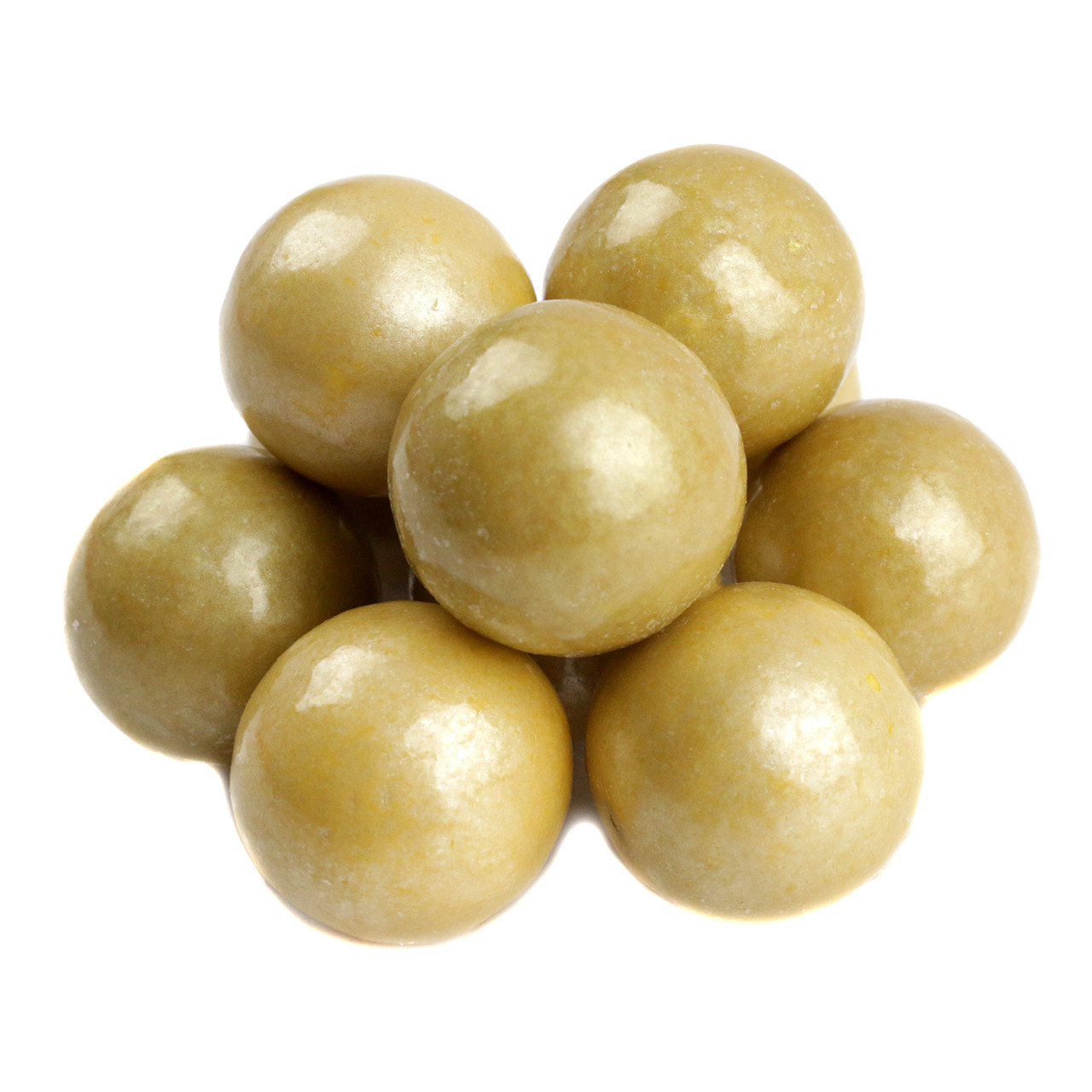 Pearl Gold 1-inch gumballs, bright gold candy coating, approx. 45 gumballs per pound.