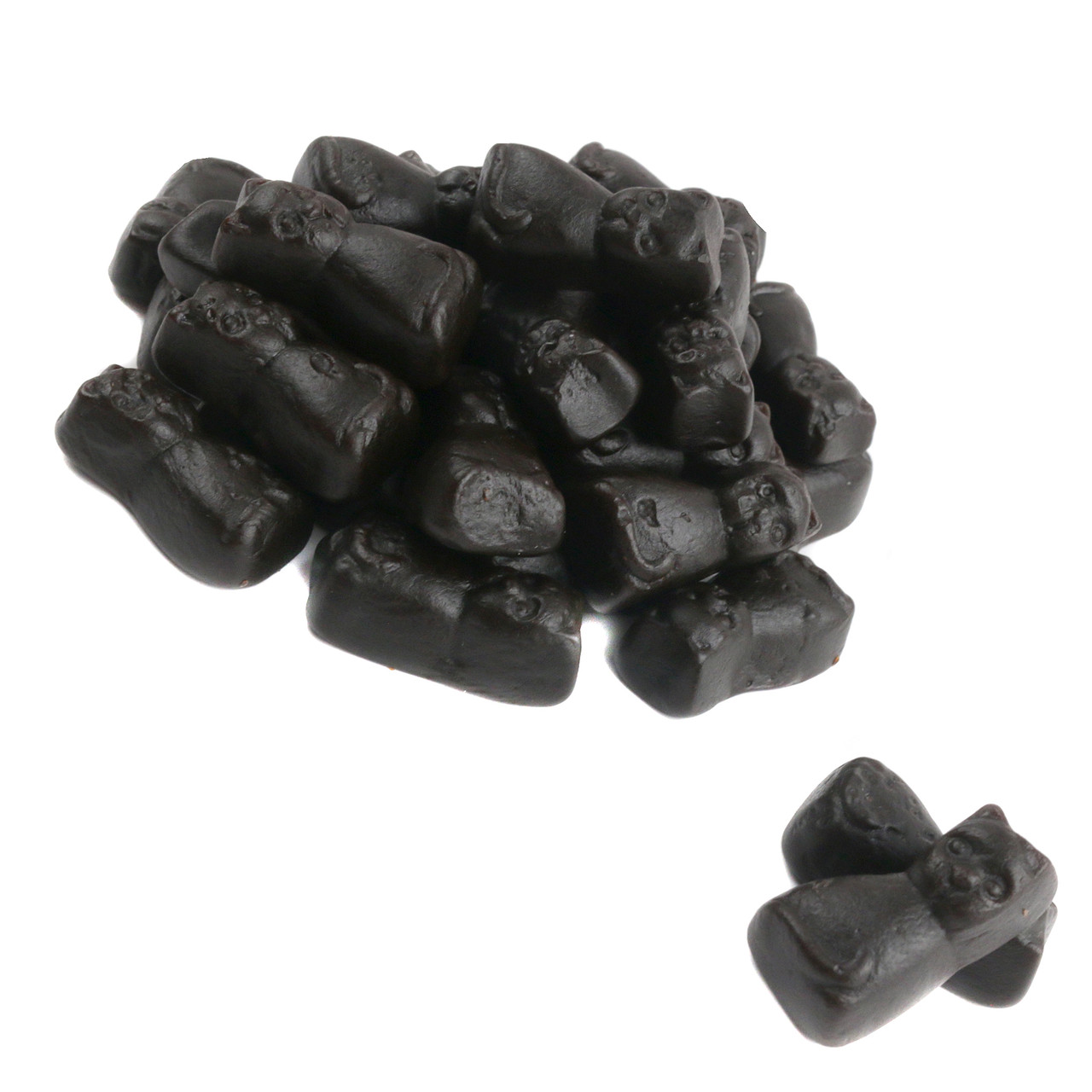 Black licorice cat candy, 2.2LB bulk bag. Many dark, cat-shaped pieces, imported from Holland.